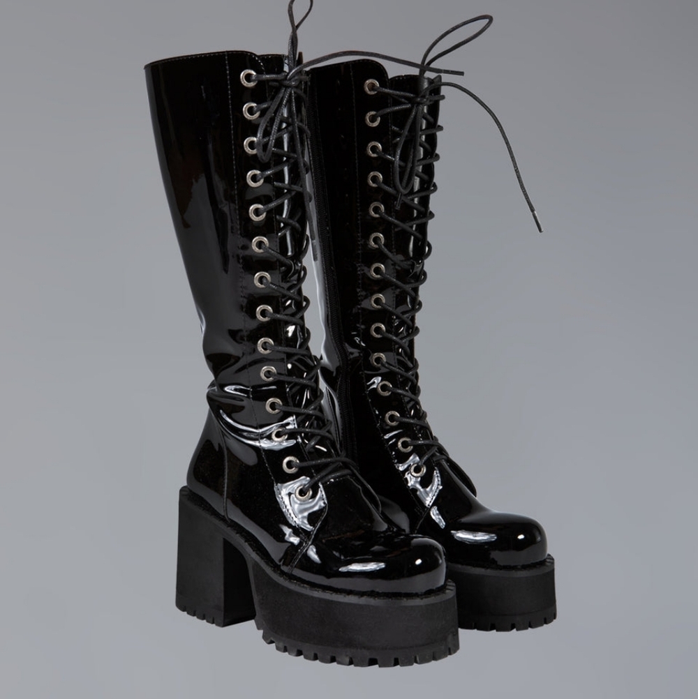 Unif Trinity Platform Black Patent Leather Lace-Up Combat Mid Calf Boot size 8 - Picture 5 of 7
